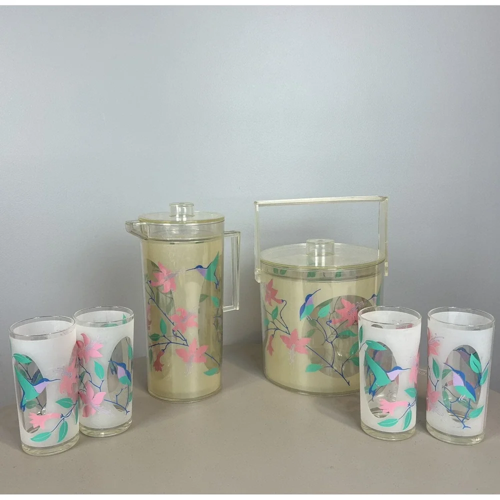 H J Stotter Hummingbird Acrylic Drink Set 4 Tumblers Ice Bucket & Pitcher 1980s